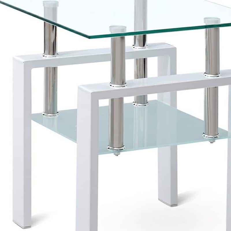 HomeRoots Set of Two Clear and White Glass and Metal Square End Tables With Shelf - 17.71 in. x 20.47 in. x 17.71 in.
