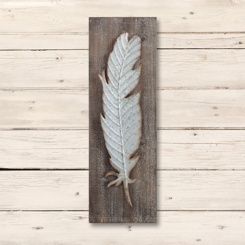 Wood Wall Décor with Metal Feather - 9.75" x 30"
