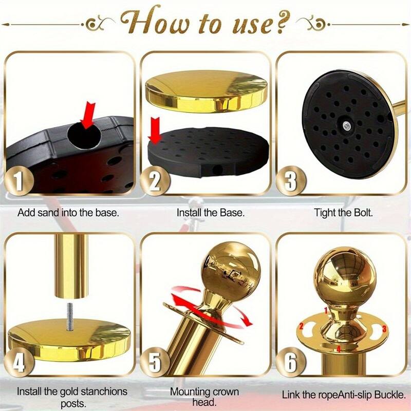 4Pole 3Rope Gold Stanchion Sets,5 Ft Ropes,Ball Top Posts,Solid Base
