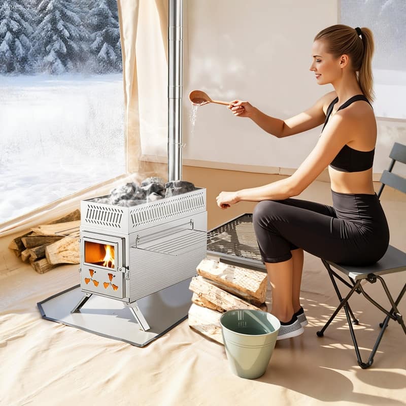 Wood Burning Sauna Hot Tent Stove, 2 in 1 Stove with Chimney Pipe