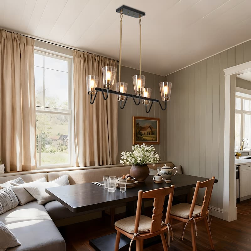 Modern Farmhouse 6-Light Black Gold Linear Chandelier Cone Glass Kitchen Island Pendant Lights - 27.5"L
