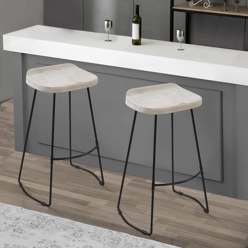 Tiva 30 Inch Handcrafted Backless Barstool, Whitewashed Mango Wood Saddle Seat, Black Metal Base