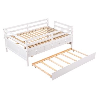 Twin Size Low Loft Bed with Fence, Ladder, Storage Drawers and Trundle