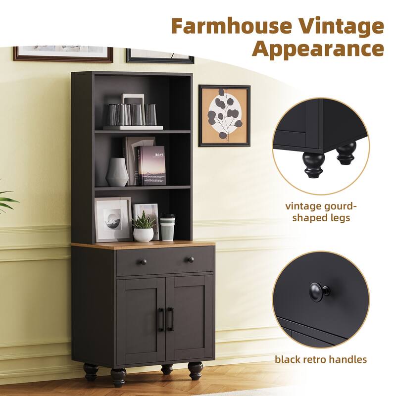 Farmhouse Storage Cabinet: 4 Solid Wood Gourd Legs, Adjustable Shelves, 5-Tier Bookshelf with Drawer