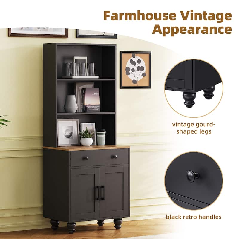 Storage Cabinet with 4 Solid Wood Gourd-Shaped Legs,Kitchen Pantry Cabinet with Adjustable Shelves,5 Tier Bookshelf with Drawer