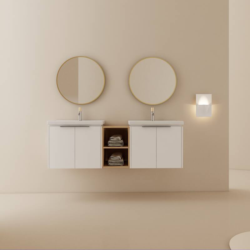 Wall-Mounted Vanity with Double Ceramic Basins, Soft-Close Doors, Metal Handles, and Ample Storage Space - 59.6in L Plywood