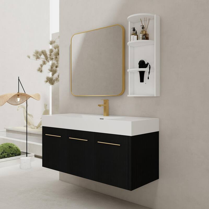 Wall mounted bathroom vanity with sink and storage shelf