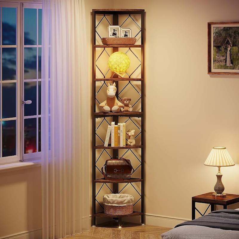7-Tier Corner Bookshelf, Industrial Display Shelf Storage Rack - 2 Pcs