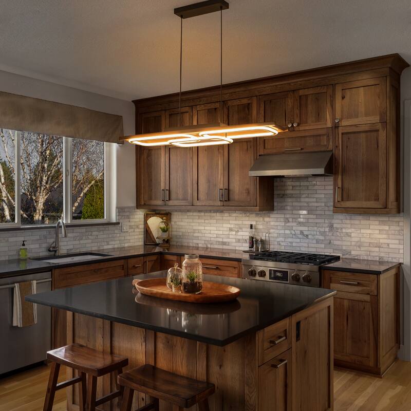 3-Light 43 in. Integrated LED Linear Chandelier Wood Kitchen Island Pendant - 43.3''W