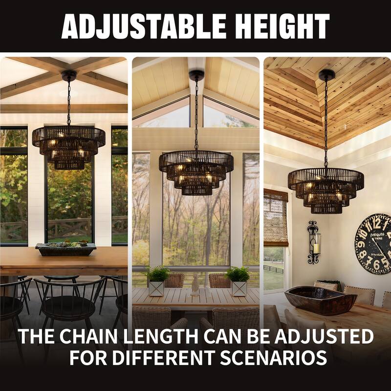 YANSUN Boho Chic 4-Tiered Chandelier 6-Light Pendants with 6 Black Metal Arms & Rattan Shades,19.69"Diameter,E12 Base
