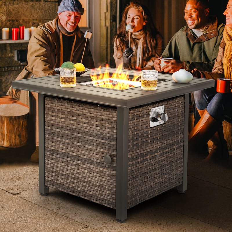 Outdoor 30’’ Square Rattan Fire Pit Table with Metal Lid, Brown