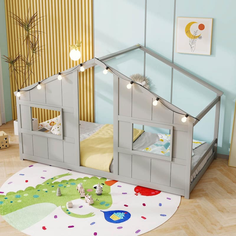 Costway Twin Size House Floor Bed with LED Lights Solid Wood Bed Frame