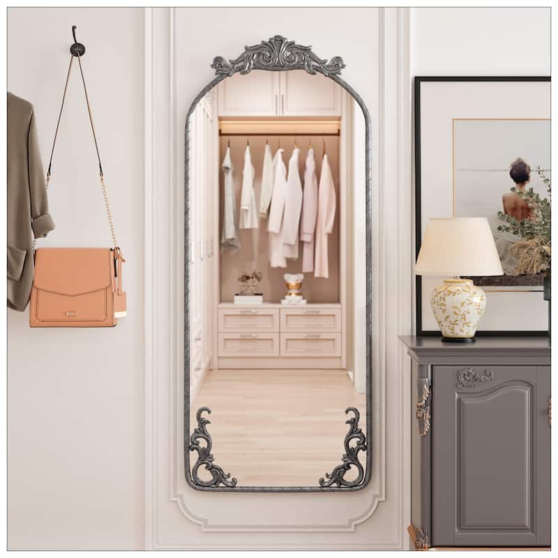 58"x24" Arched Full Body Mirror with Vintage Ornate Carved Applique