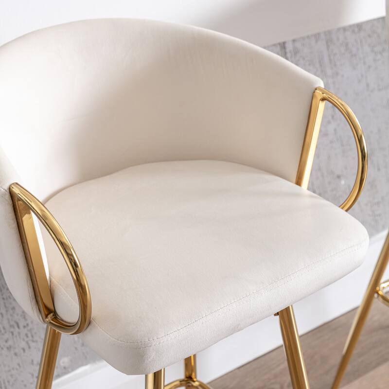Velvet Bar Stools Set of 2, Counter Height Bar Chairs with Armrests, Kitchen Island Stools with Footrest and Golden Legs