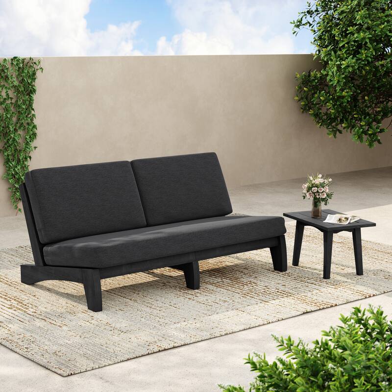 3-Seat Outdoor Sofa Set with Solid Wood Coffee Table, Weather-Resistant Cushions - Side Table/Dark Grey - Black Wood