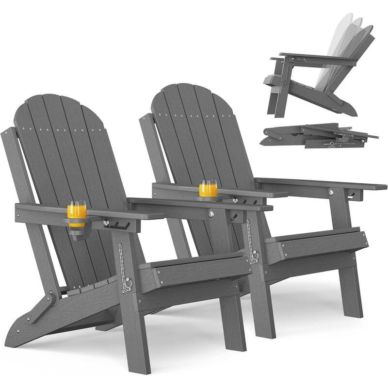 WINSOON Outdoor All-Weather HDPE Folding Adirondack Chair with Cup Holder & Adjustable Back Set of 2 - Grey