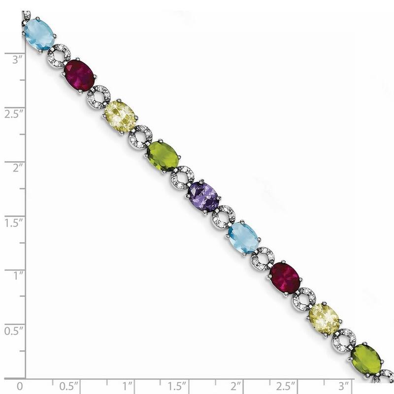 Curata 925 Sterling Silver Polished Open back Safety bar Multi colored Box Catch Closure 7inch Silver Multicolor CZ Cubic
