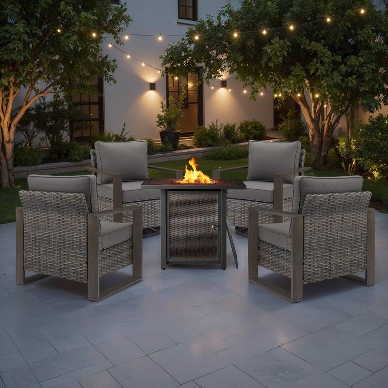 Meyreso 5-Piece Wicker Patio Conversation Set with Metal Fire Pit & Plush 4.5" Olefin Cushions - Gray Wicker - Gray Cushions