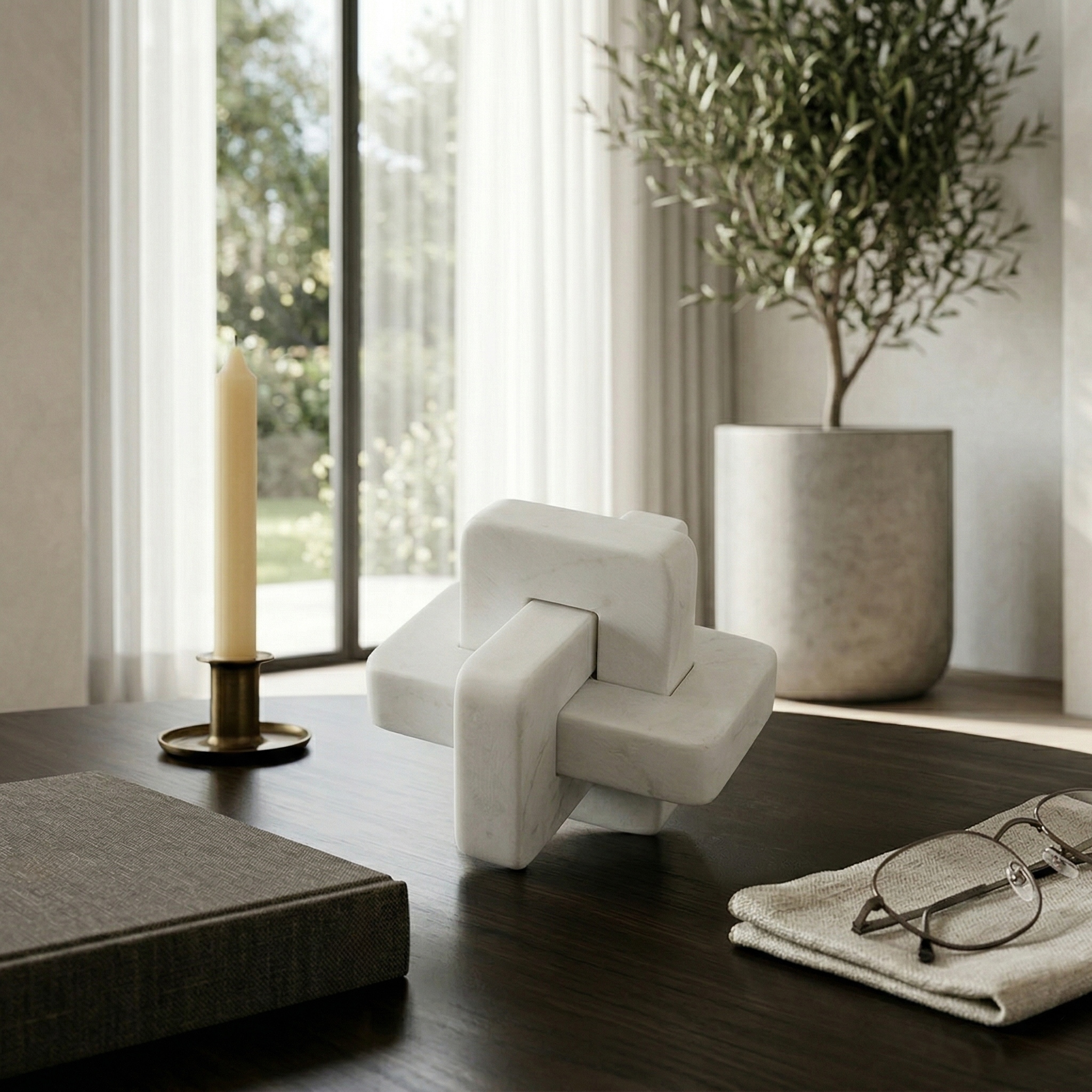 Sagebrook Home 5" Marble Geometric Orb - Contemporary Abstract White Interlinking Geometric Shape - 5" x 5" x 5"