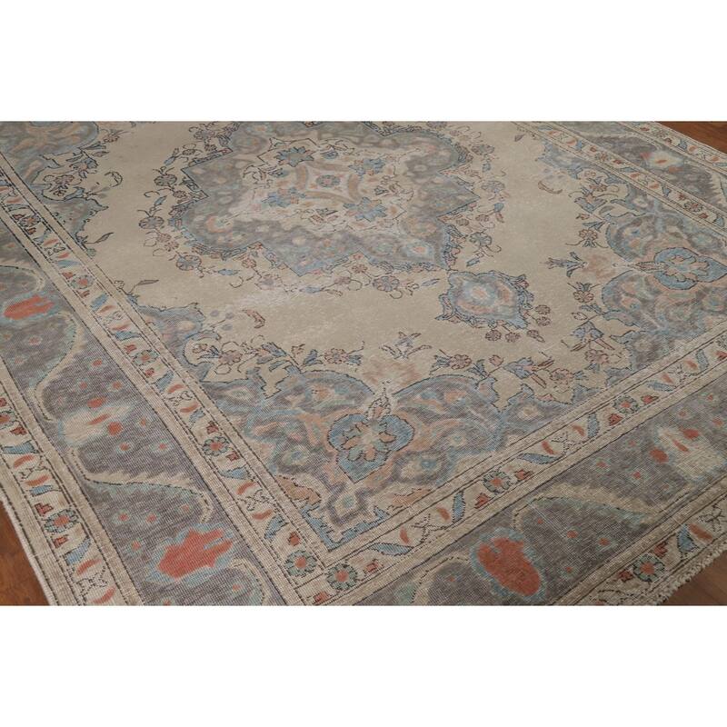 Geometric Tabriz Persian Rug Hand-Knotted Beige Wool Carpet - 8'2"x 10'6"