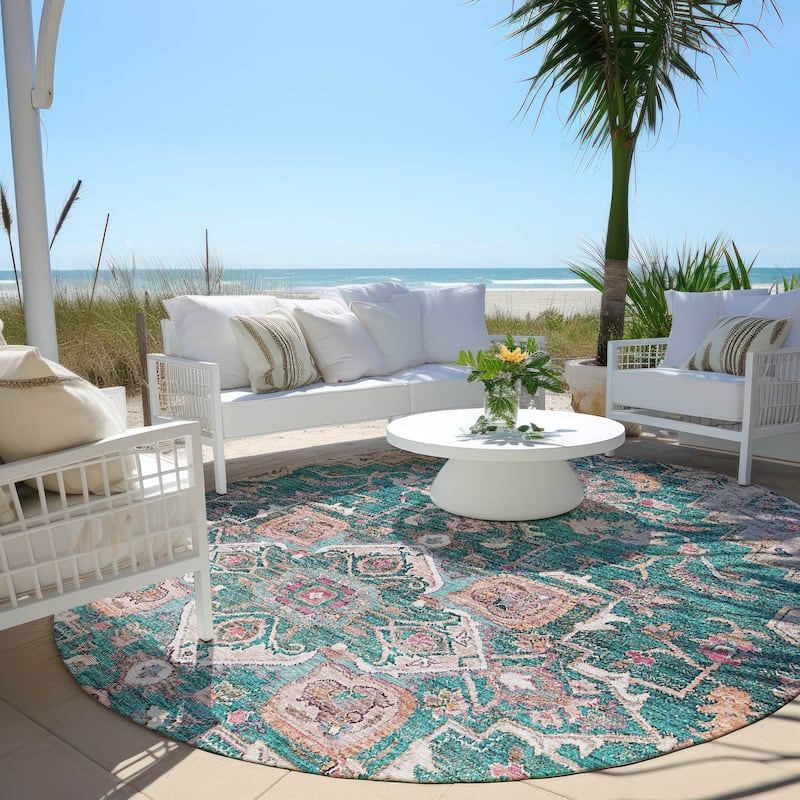 Machine Washable Indoor/ Outdoor Chantille Traditional Boho Rug - Emerald - 8' x 8'