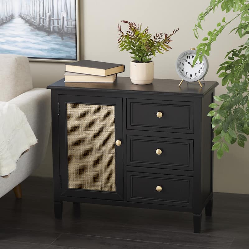 Wood Handmade 1 Door and 3 Drawers Cabinet with Rattan Front - Black - Roche River Decor