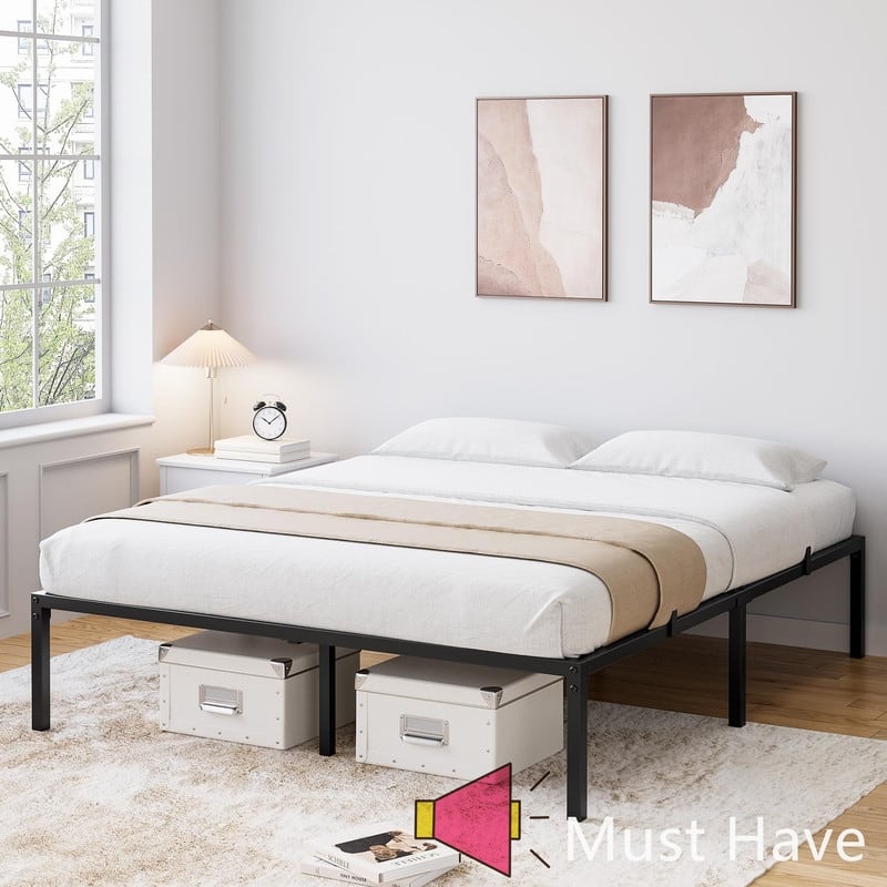 Heavy Duty Metal Platform Bed Frame, No Box Spring Needed - Queen - Black-14 inch