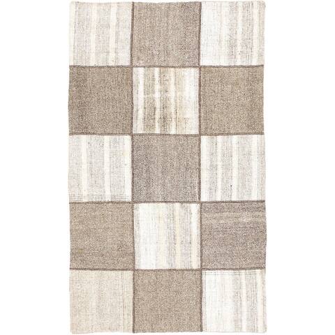 ECARPETGALLERY Flat-weave Moldovia Mod Patch Cream, Grey Cotton Kilim - 3'10" x 6'6"