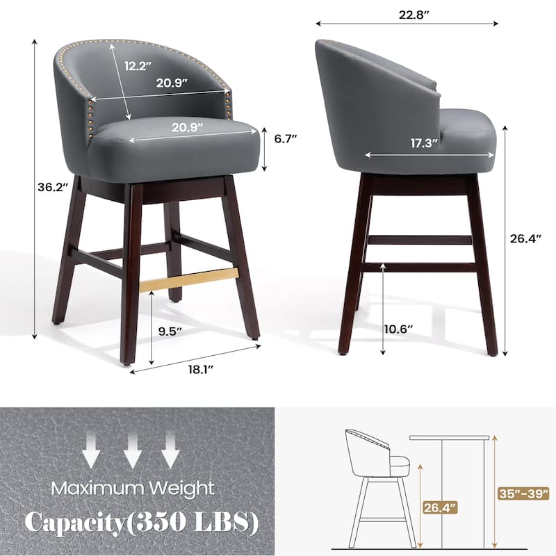 26.4"/31.9"H Height Upholstered Solid Wood Swivel Bar Stools