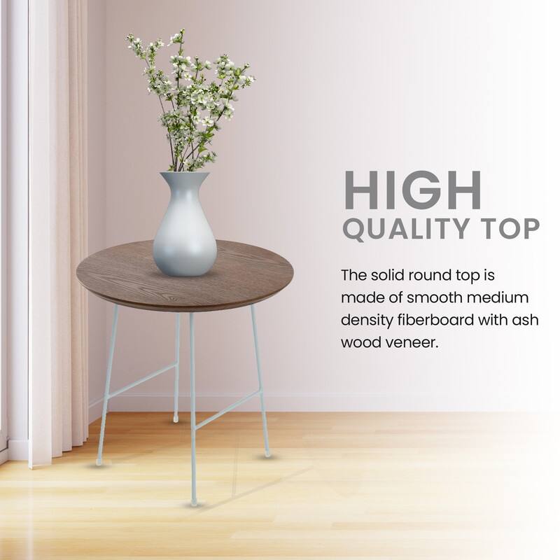 Rossmore Modern MDF Round Ash Wood Veneer Tabletop Side Accent Table with White Stainless Steel Frame for Home or Office