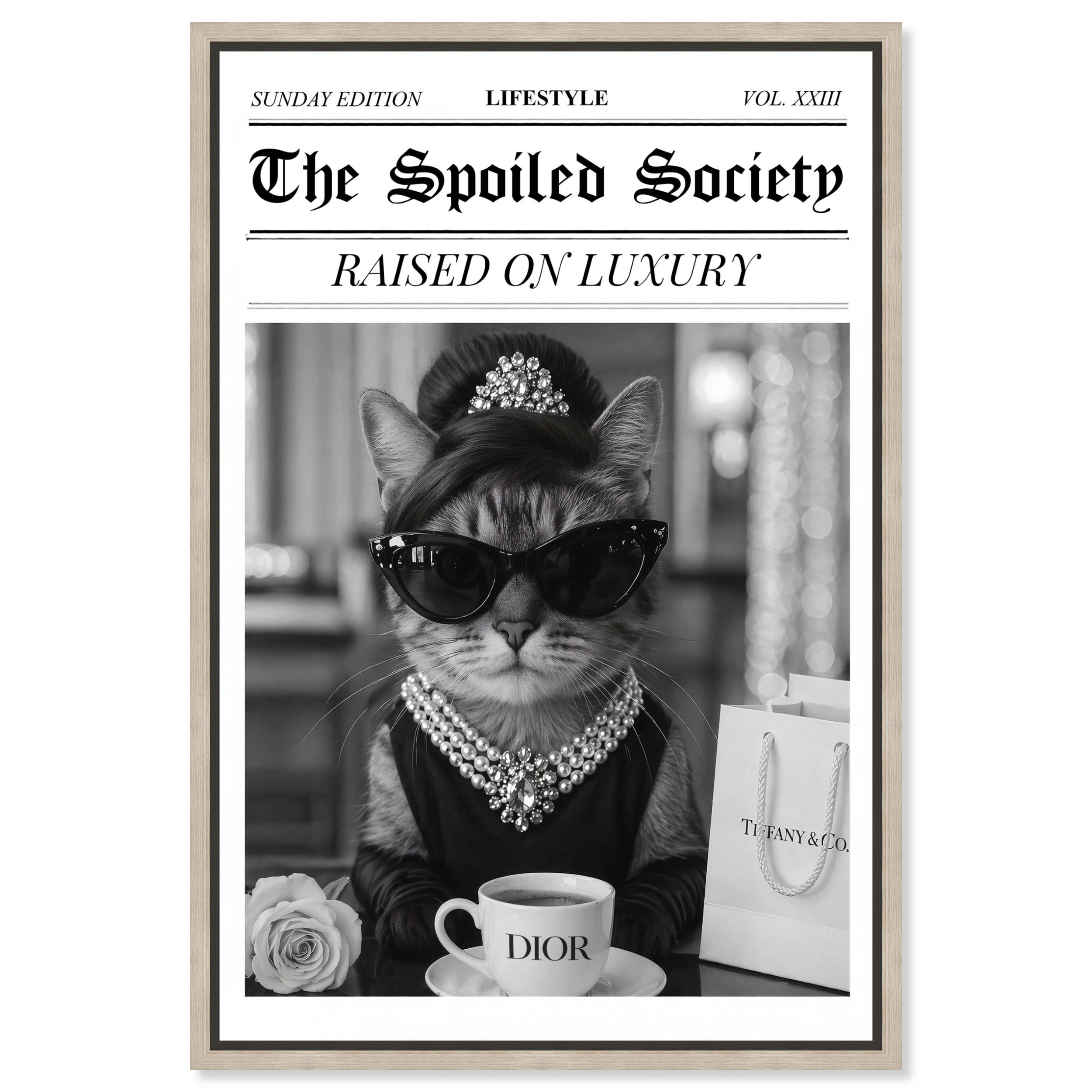 Raised on Luxury Newspaper Cat Cute Pet Framed Canvas by Art Remedy