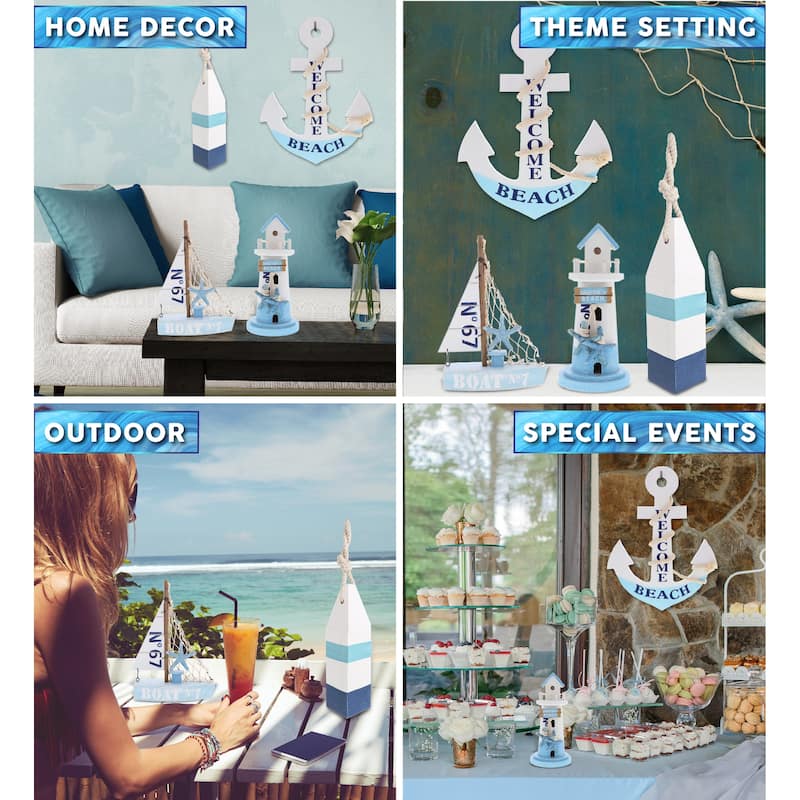 CoTa Global Blue Wooden Nautical Home Decor with Rope - Set of 4 - 9 x 4.3 x 4.3 inches
