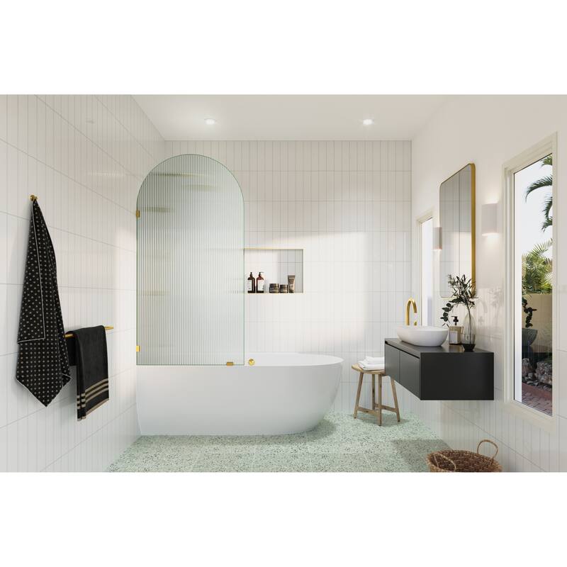 Venus 34 in. x 66.75 in. Single Fixed Frameless Arched Fluted Frosted Bathtub Panel