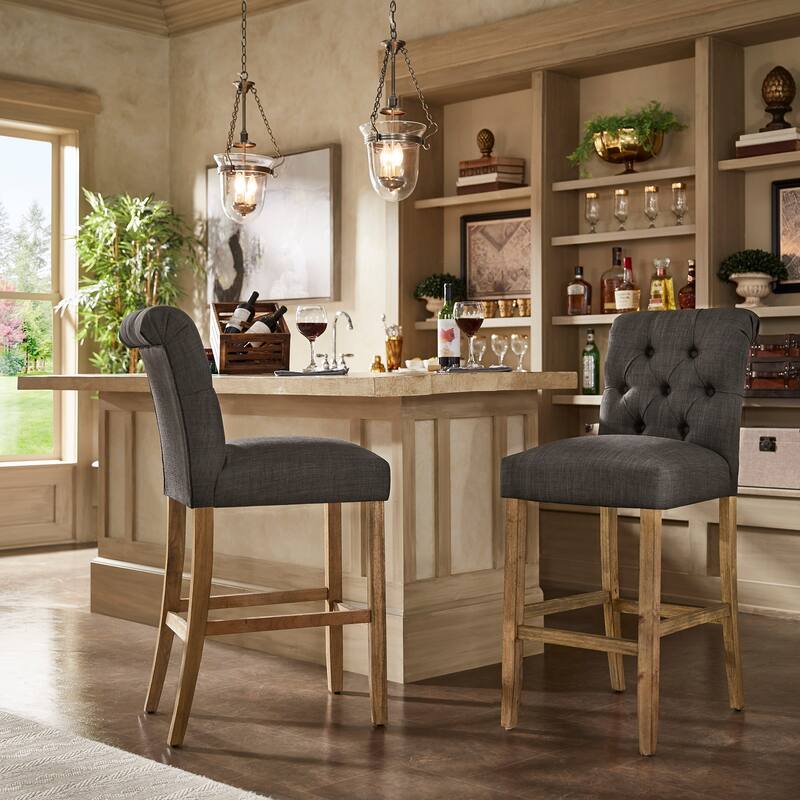 Benchwright Premium Tufted Rolled Back Counter/ Bar Height Stools (Set of 2) by iNSPIRE Q Artisan - Light Distressed Finish Dark Grey Linen - Bar Height