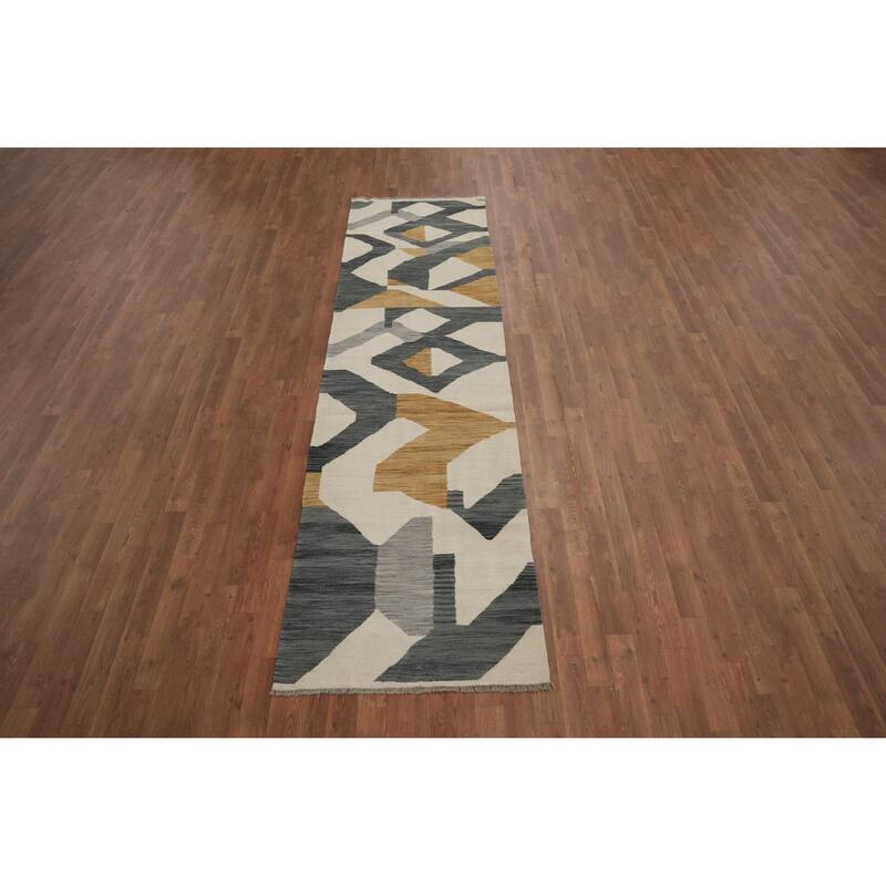Hand Woven Oriental 100% Wool Carpet Southwestern Modern Beige & Ivories Kilim Runner Rug - 9' 9'' X 2' 8''