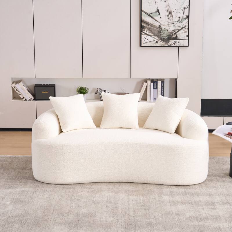 Small Chenille Upholstered Loveseat Sofa, Deep Seat Compression Boneless Couch, Curved Floor Sofa with 3 Pillows