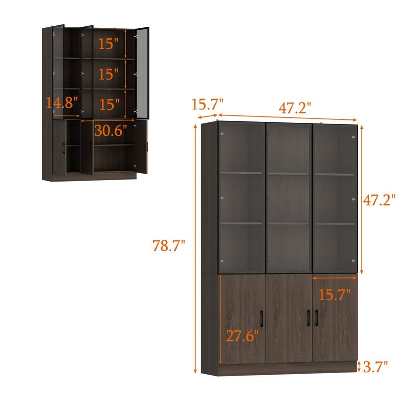 Bookshelves Bookcase Modular Glass Display Cabinet with LED Lights, Dark Wood Storage Combination Cabinet System