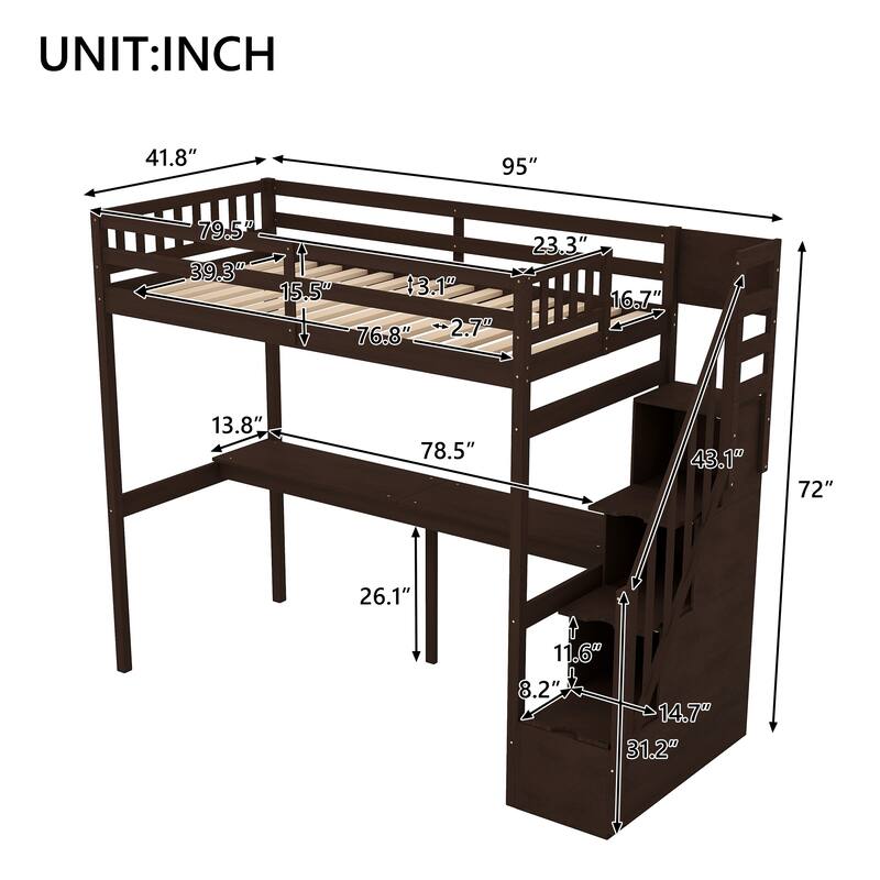 Twin Size Loft Bed with Storage Staircase and Built-in Desk, Space-Saving Solid Wood Twin Bed Frame with Full-Length Guardrail