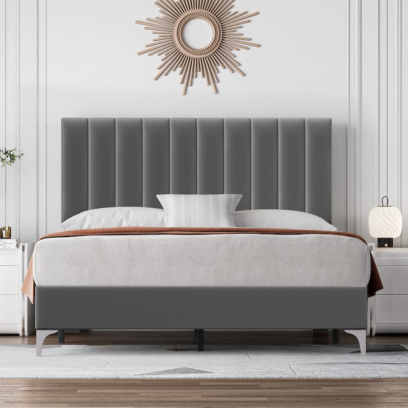 Bed Frame with Velvet Headboard Adjustable, Strong Wooden Slat Support