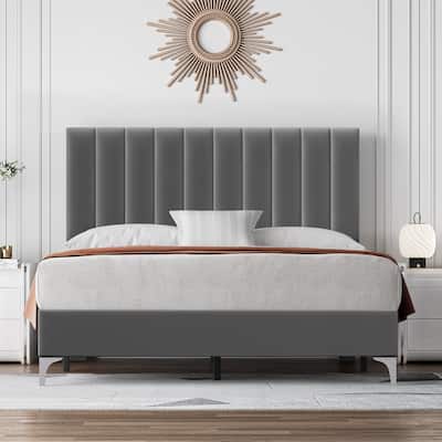 Bed Frame with Velvet Headboard Adjustable, Strong Wooden Slat Support