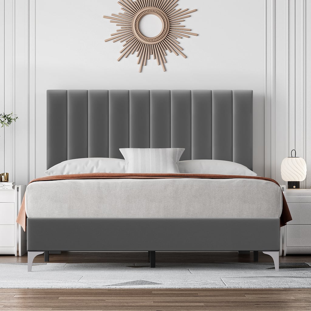 Bed Frame with Velvet Headboard Adjustable, Strong Wooden Slat Support