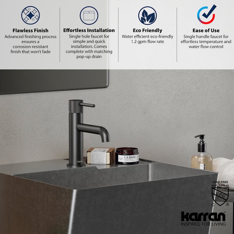 Karran Tryst KBF460 Single-Handle Single Hole Basin Bathroom Faucet with Matching Pop-up Drain