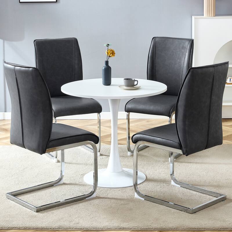 5-Piece Circular Dining Table Set with Leather Ergonomic Chairs - Dark Gray Silver White