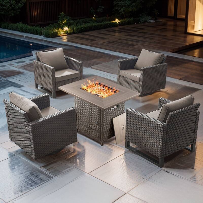 5 Pieces Fire Pit Table with Outdoor Swivel Chair Patio Chair - Brown Wicker - Gray cushion