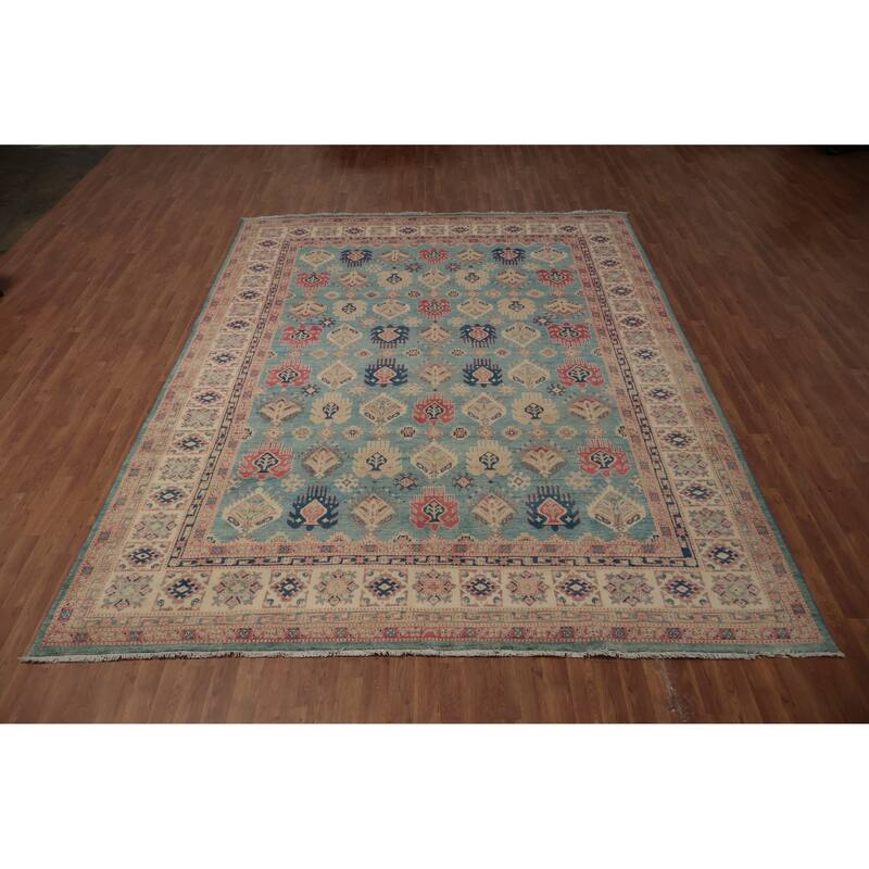 Hand Knotted Oriental 100% Wool Carpet Traditional Geometric Navy Blue & Blues Kazak Area Rug - 11' 10'' X 9' 0''