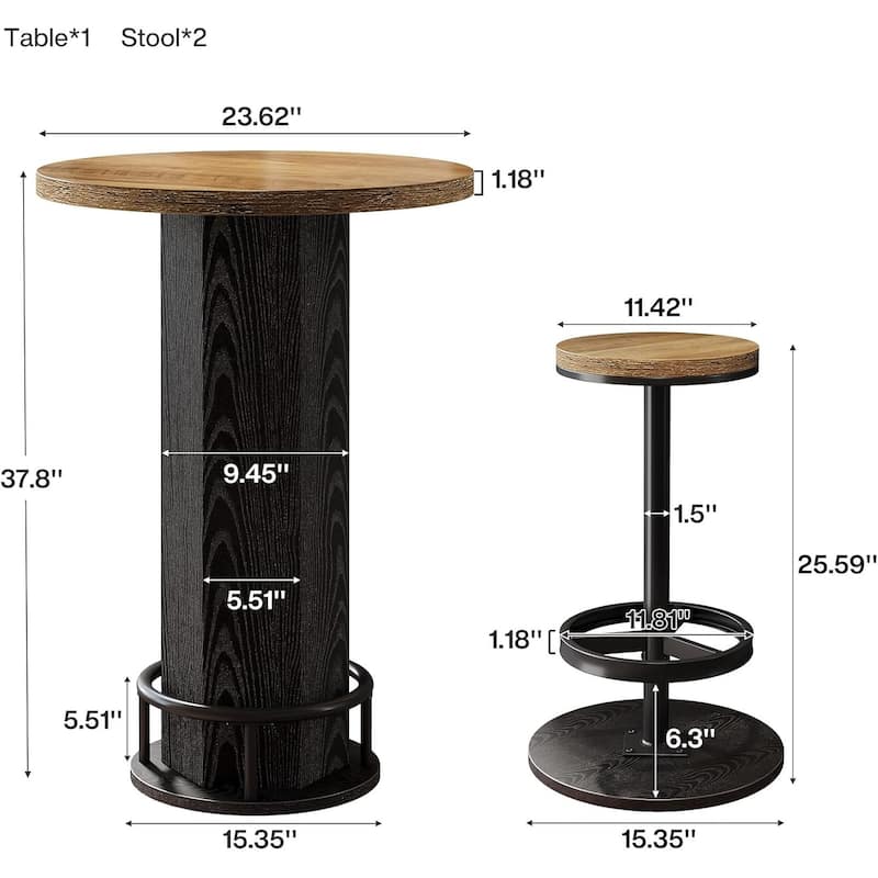 Round Bar Table with Chairs, Industrial Bistro Sets with 2 barstools