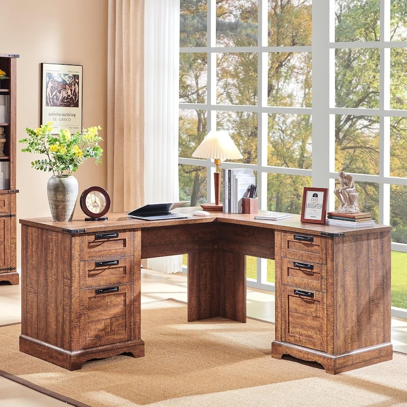 60" Farmhouse L Shaped Executive Desk, Wood Corner Desk, Computer Desk
