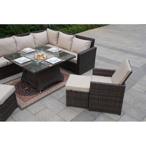 Brown Rattan Sofa Set with Ottomans and Square Fire Pit Table
