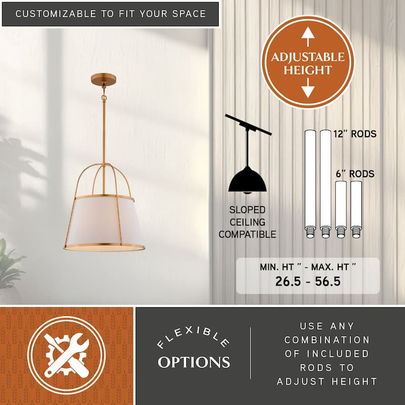 Marion 1-Light Mid-Century Modern Cone Pendant with White Fabric Shade, Adj Ht Ceiling Chandelier Dining Room Fixture