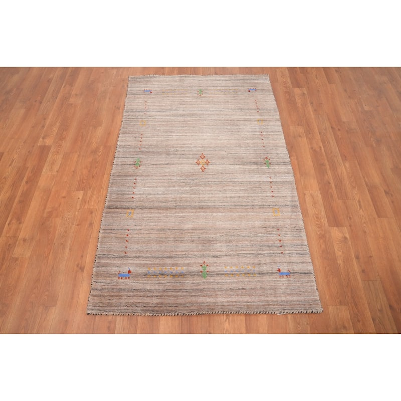 Hand Knotted Oriental 100% Wool Carpet Tribal Stripe Brown Gabbeh Area Rug - 4' 11'' X 3' 0''